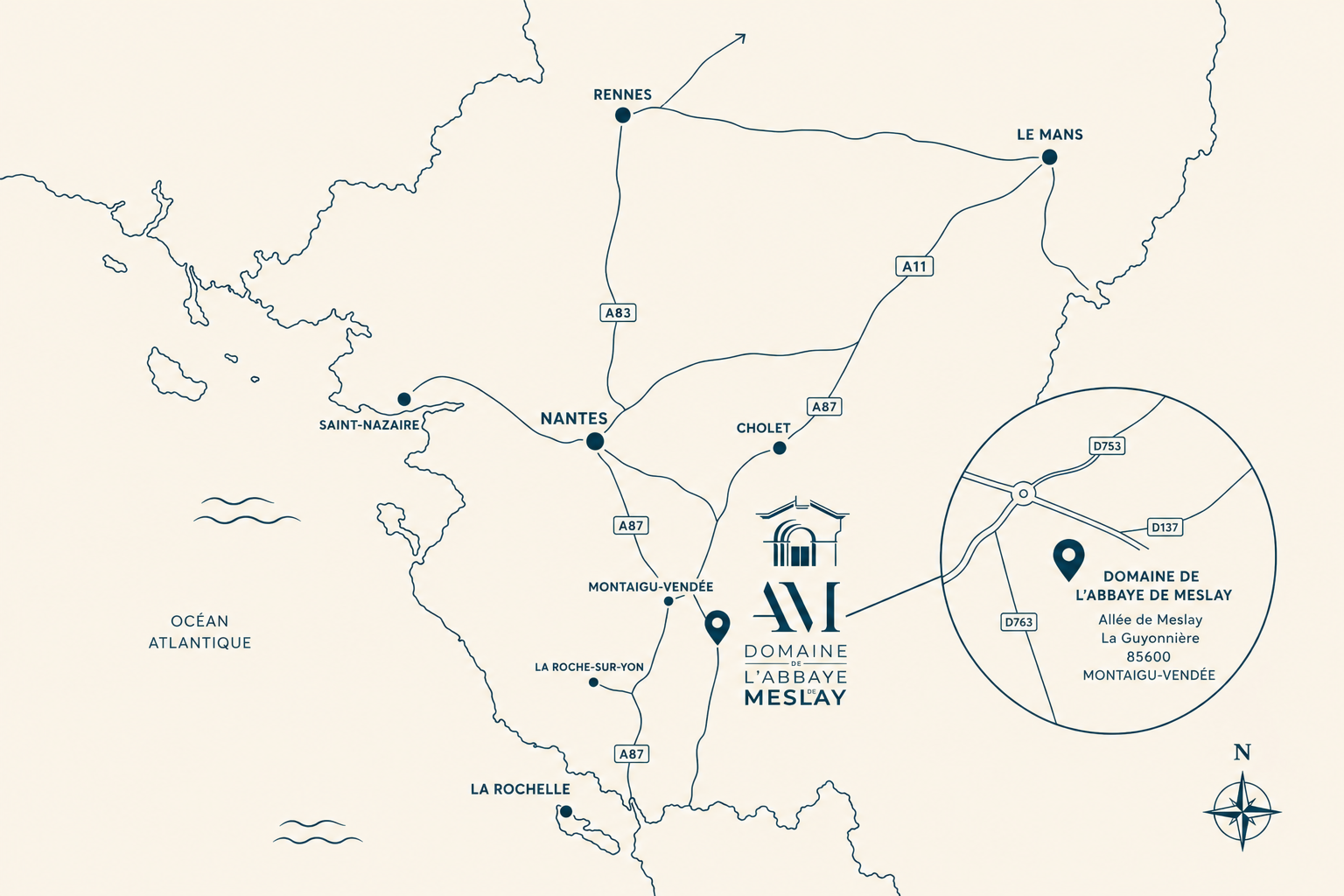 Carte du Grand Ouest localisant le Domaine de l’Abbaye de Meslay à Montaigu-Vendée et les principales villes voisines.